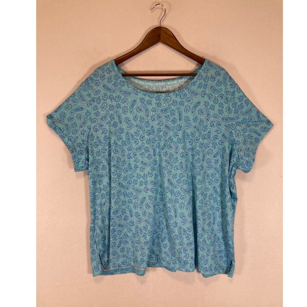 Boho Muk Luks Women 2X Blue Paisley Short Sleeve Scoop Neck Stretch Relaxed Top